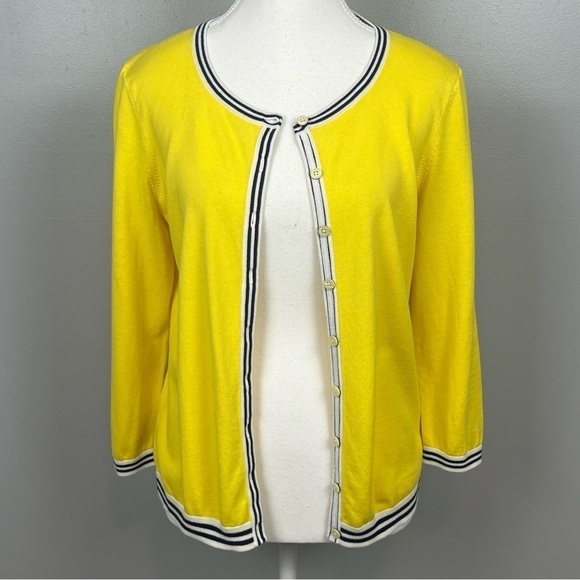 Talbots Sweaters - Talbots cotton rayon blend yellow blue  stripe 3/4 sleeve cardigan, medium.